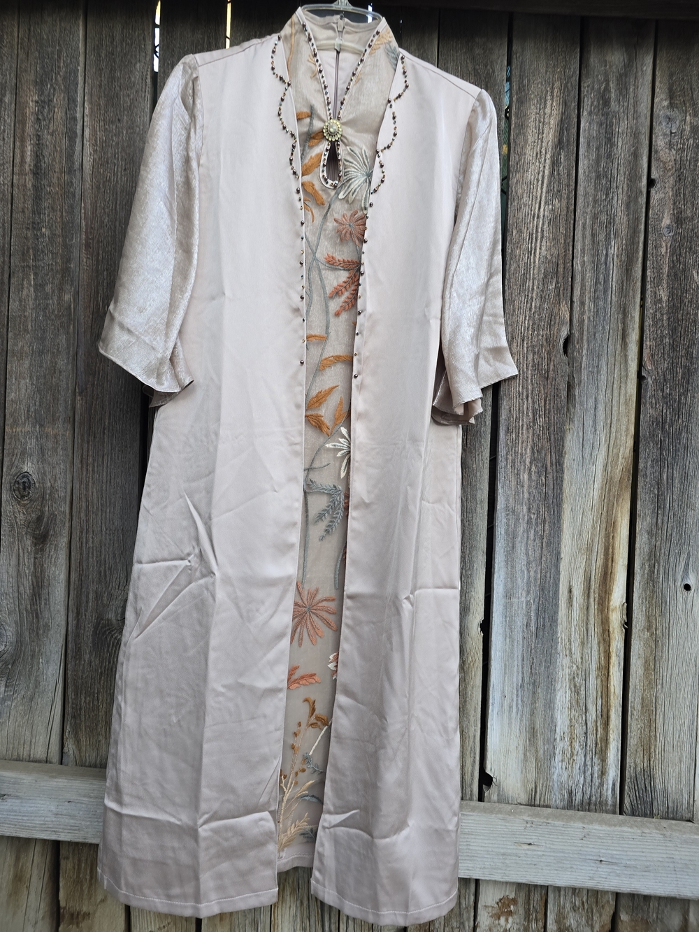 Champagne Colored, Faux Two-piece Midi dress featuring an embroidered Size S